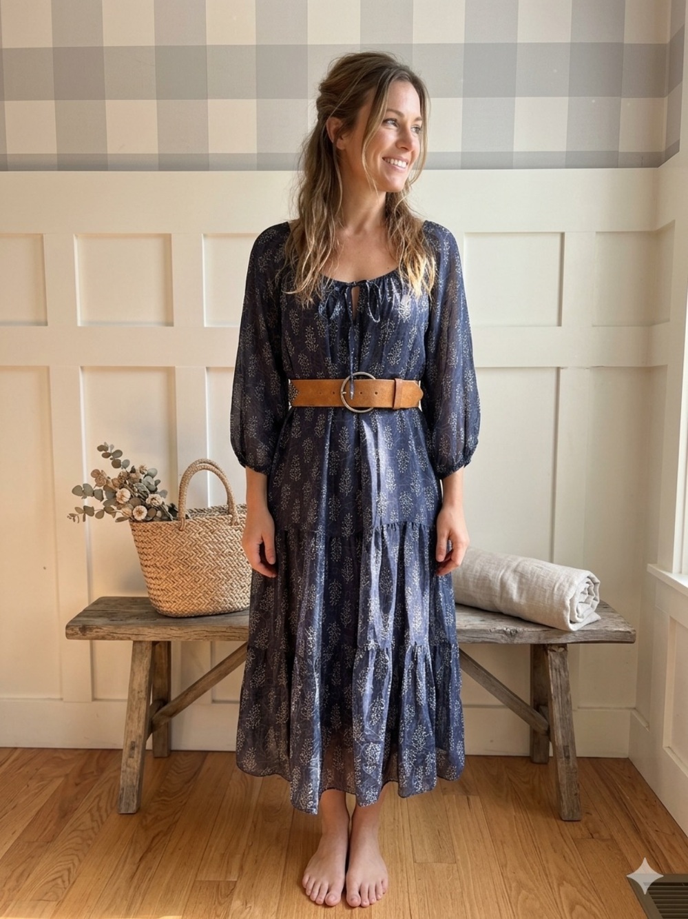 Italian Navy Floral Tiered Midi Dress with Tie Neck Large